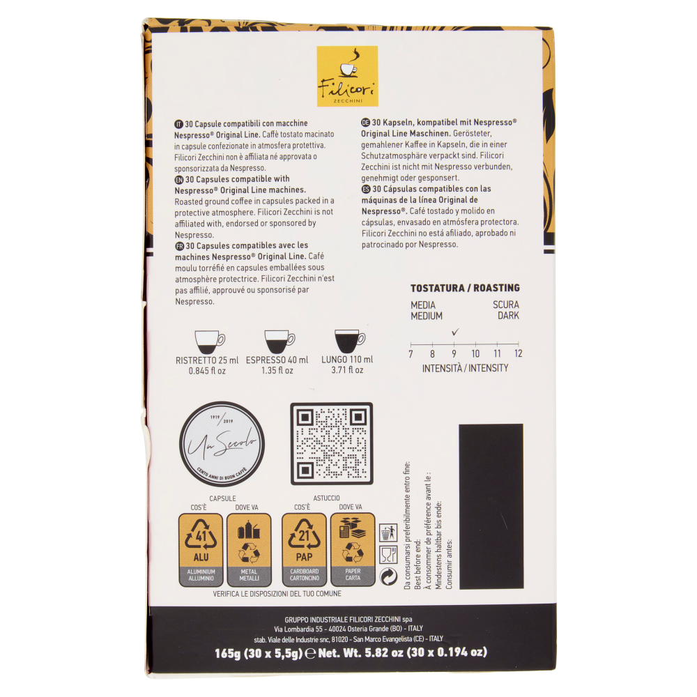 Filicori Zecchini 30 Capsule di Caff&egrave; 100% Arabica Compatibili con Nespresso Original Line 30 x 5,5g
