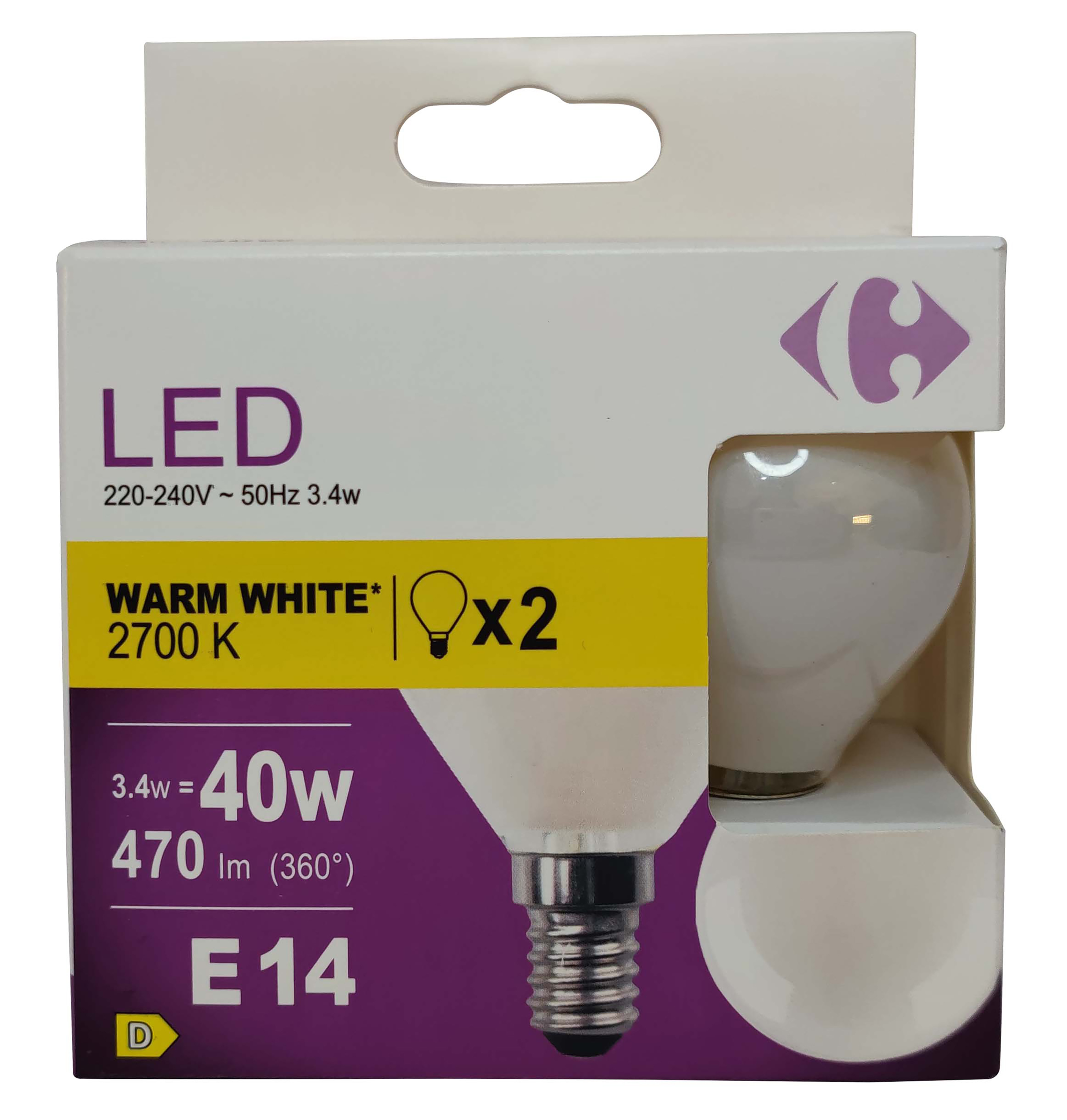 Carrefour 2 led sfer smerigliata 40W, attacco E14, luce calda