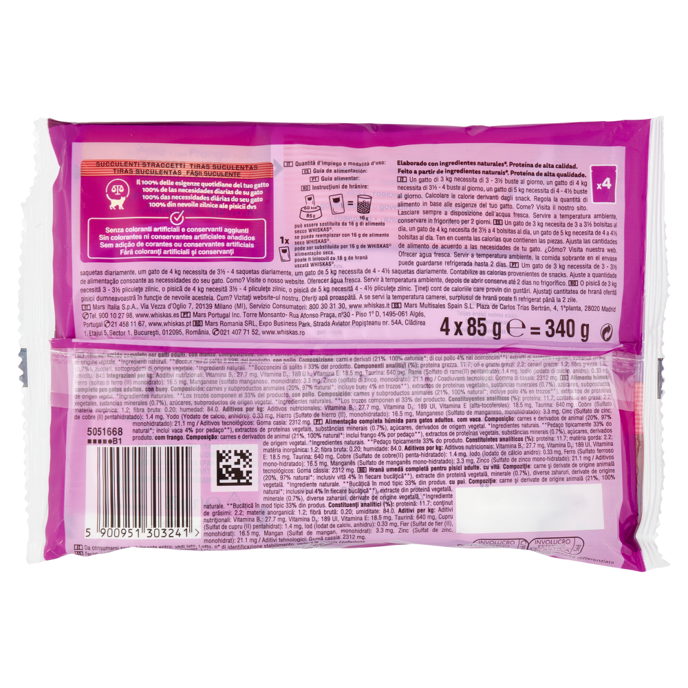 Whiskas Pure Delight Cibo Umido Gatto Succulenti Straccetti in Gelatina con Manzo e Pollo 4 x 85 g