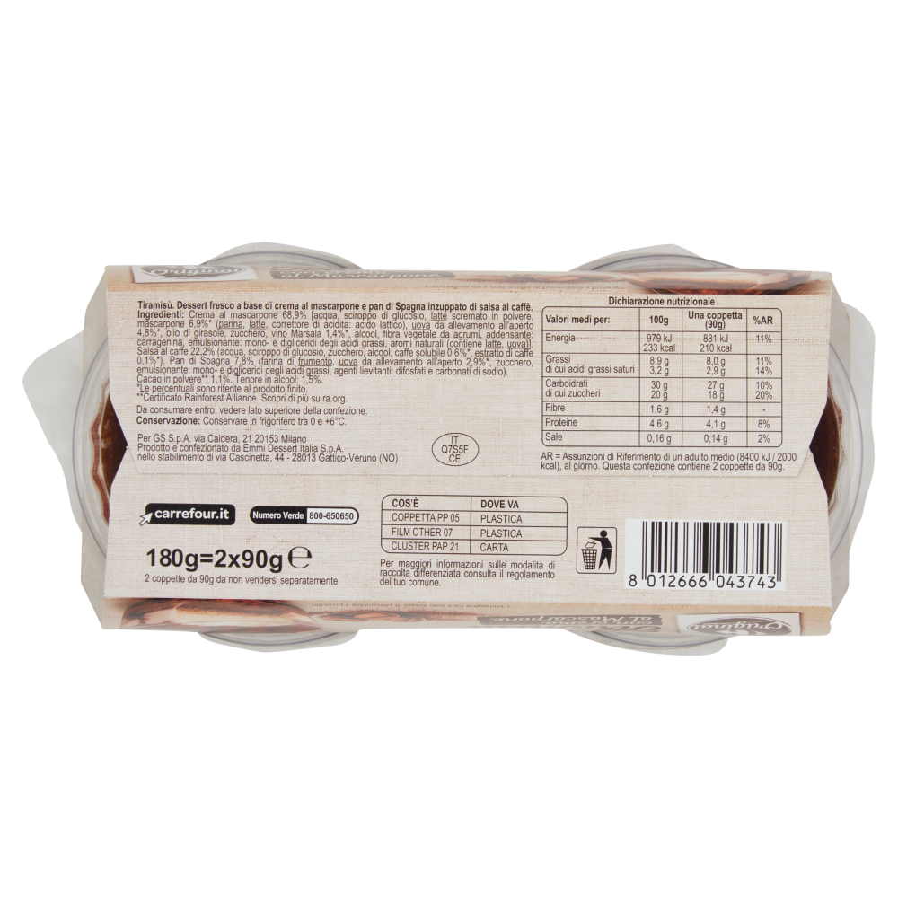 Carrefour Original Tiramisù con crema al Mascarpone 2 x 90 g