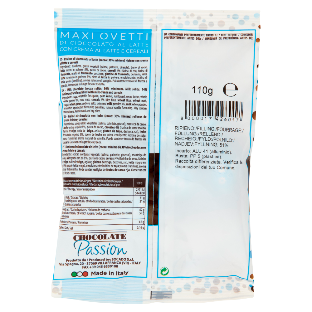 Chocolate Passion Maxi Ovetti di Cioccolato al Latte con Crema al Latte e Cereali 110 g