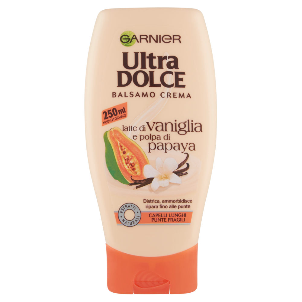 Garnier Ultra Dolce Balsamo al latte di Vaniglia e polpa Papaya per capelli lunghi e fragili, 250l