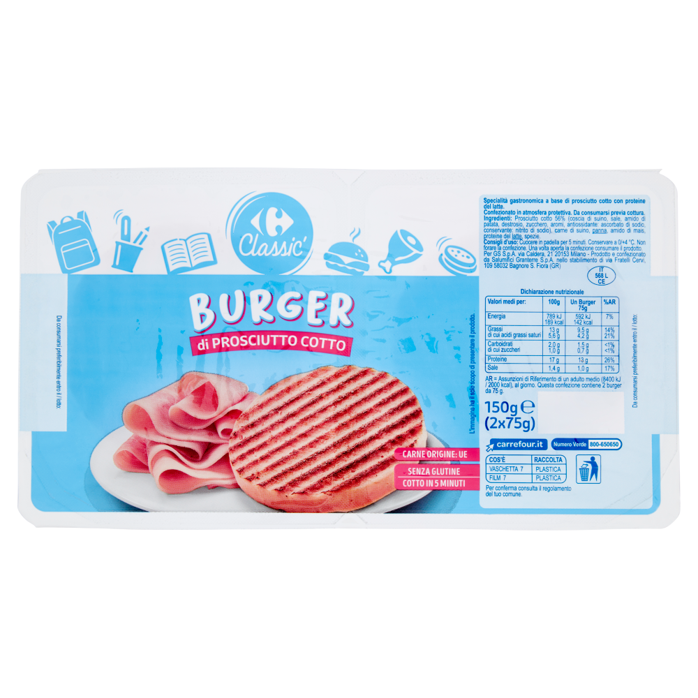 Carrefour Classic Burger di Prosciutto Cotto 2 x 75 g