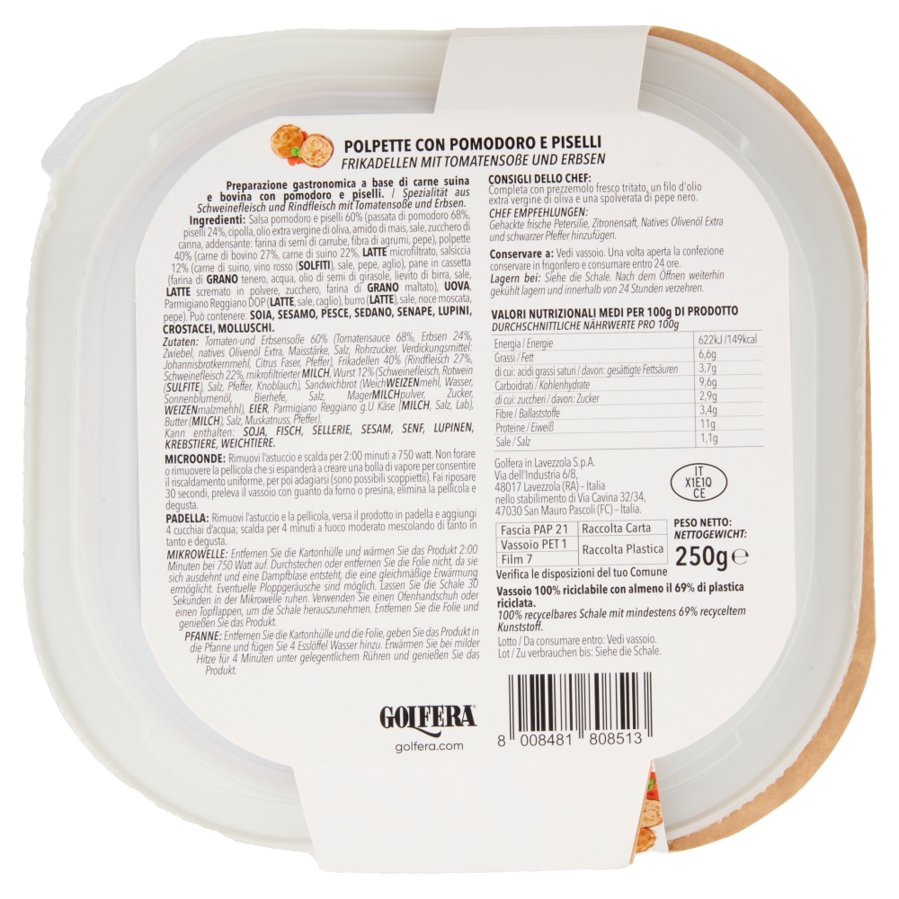 Golfera Ben Fatto Polpette con Pomodoro e Piselli 250 g