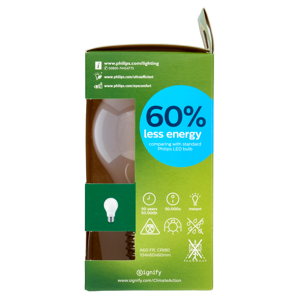 Philips LED Goccia Vetro Smerigliato 60W E27 2700K Non-Dim Classe A