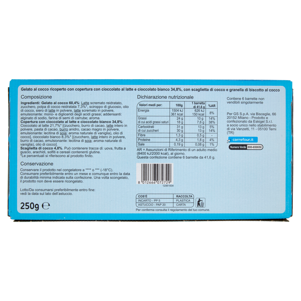 Carrefour Sensation barrette gelato al Cocco con copertura al cioccolato* 6 x 41,6 g