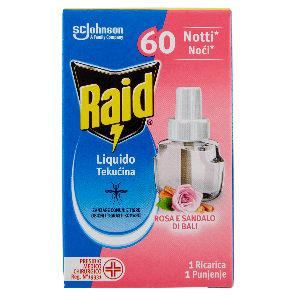 Raid Liquido Elettrico Ricarica,  60 Notti, Rosa e sandalo di bali, 36ml