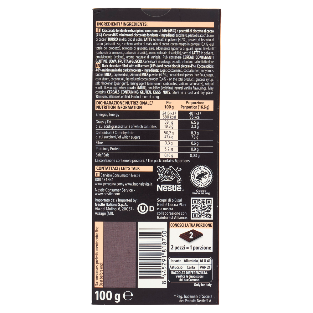 PERUGINA NERO Cookies&Cream Tavoletta Cioccolato Fondente Ripiena 100g