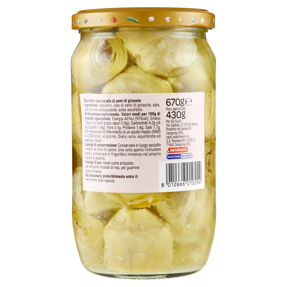 Carrefour Sottolio Carciofini Interi in olio di semi di girasole 670 g