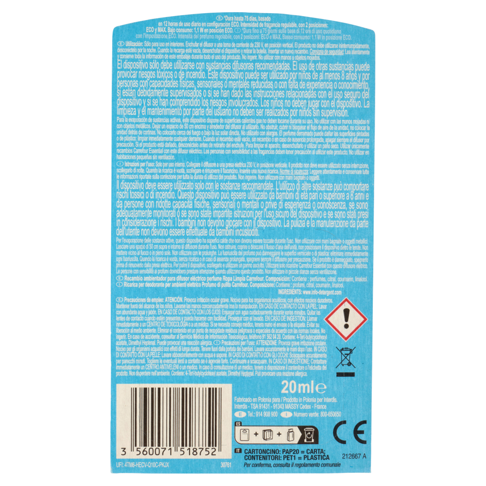 Carrefour Essential Diffusore elettrico + Ricarica Profumo di Pulito 20 ml