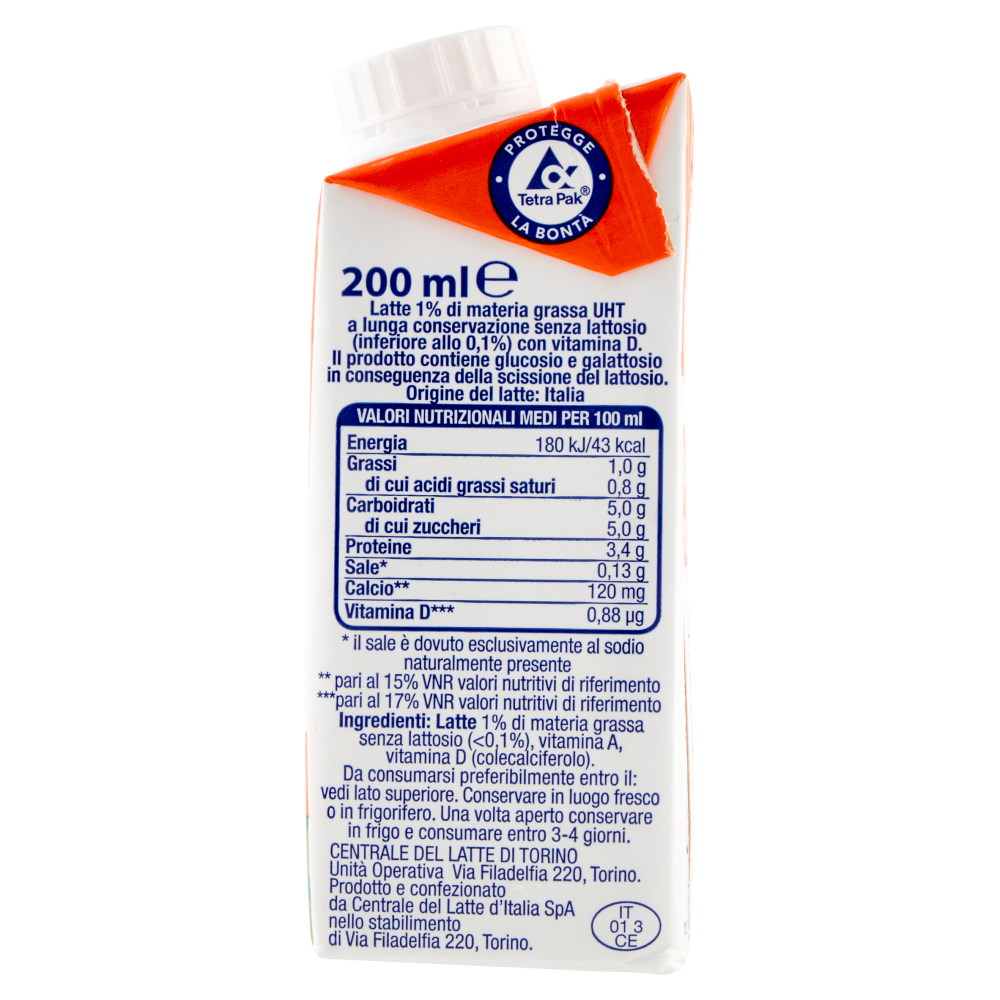 Centrale del Latte di Torino Piemonte Senza lattosio 1% di Grassi con Vitamina D 200 ml