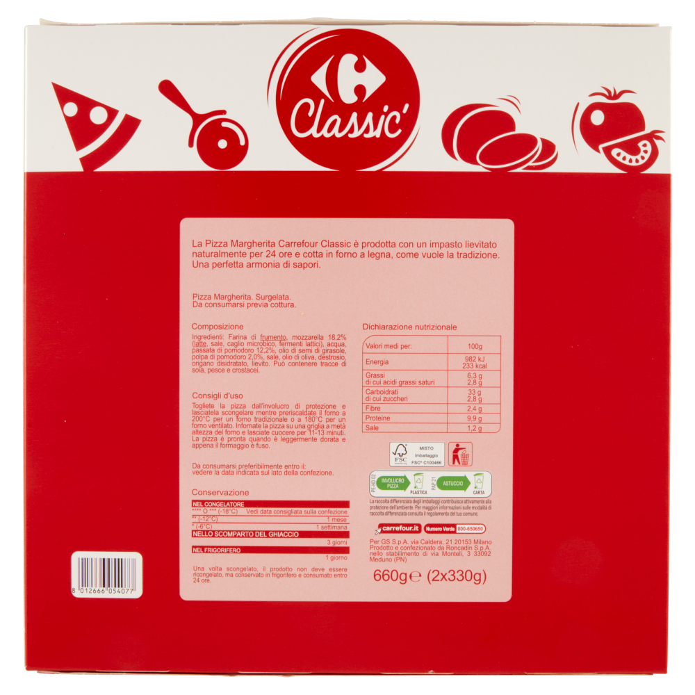 Carrefour Classic Pizza Margherita Surgelata 2 x 330 g