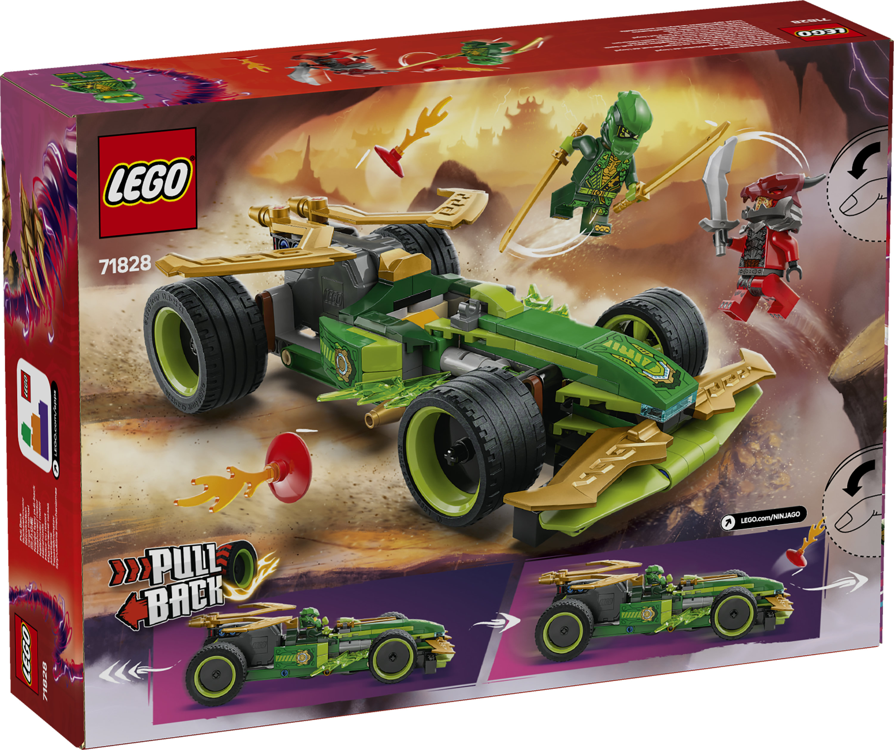 LEGO NINJAGO 71828 Racer Pull-Back di Lloyd - Modello di Auto da Corsa Giocattolo con 2 Minifigure e Armi, Giochi Bambini 7+