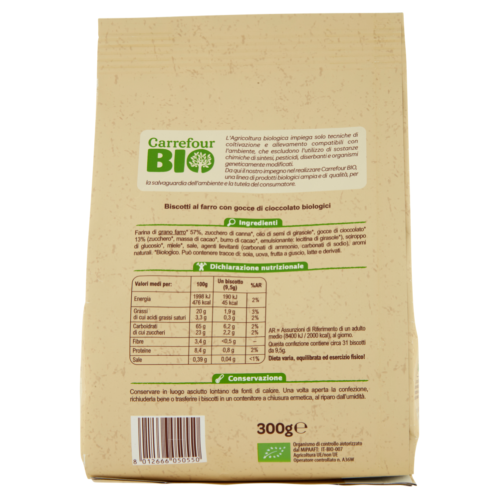 Carrefour Bio Biscotti al farro con gocce di cioccolato 300 g