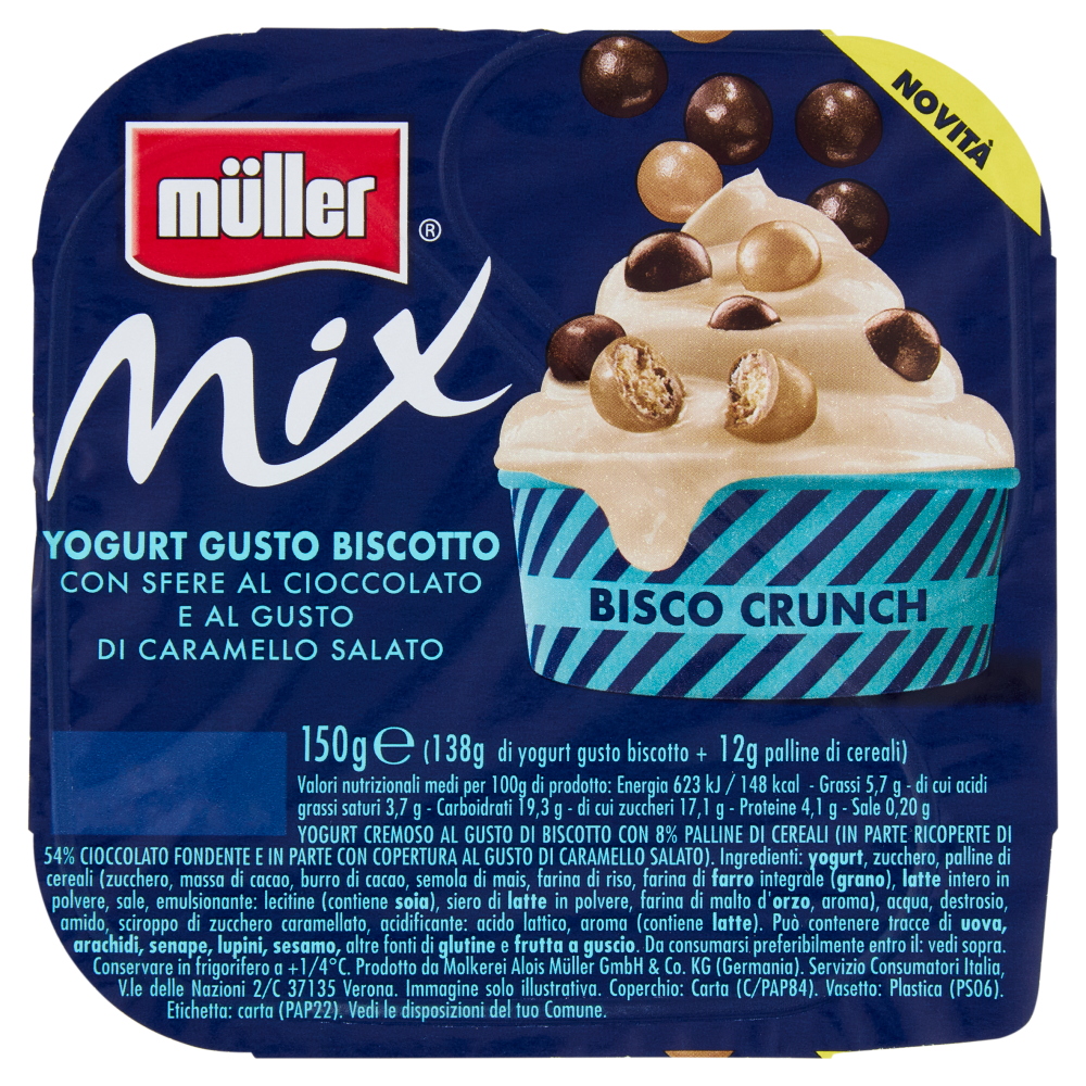 m&uuml;ller Mix Bisco Crunch Yogurt Gusto Biscotto con Sfere al Cioccolato e al Caramello Salato 150 g