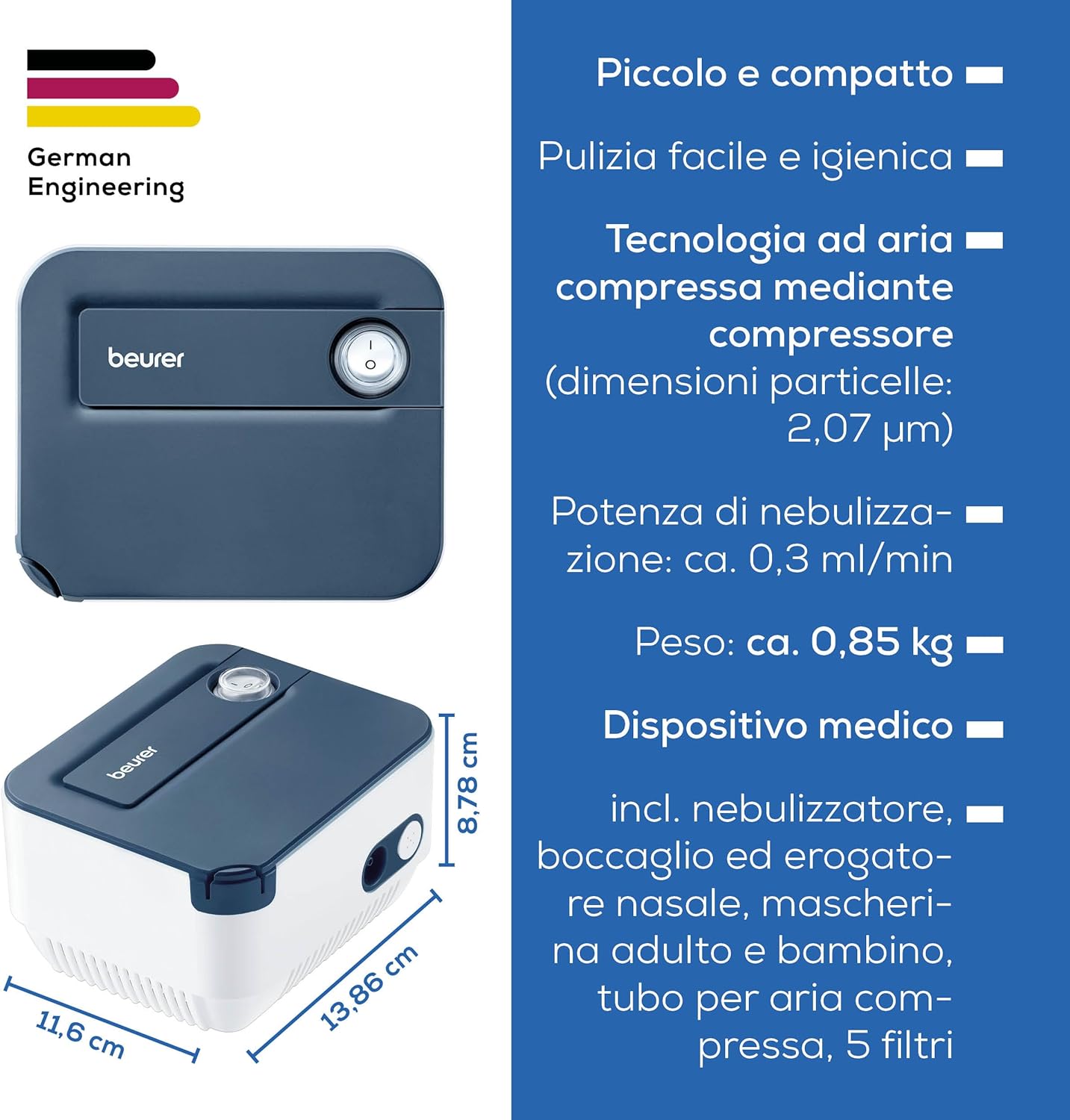 Beurer IH 16 Aerosol con tecnologia ad aria compressa mediante compressore, design compatto, per il trattamento delle vie respiratorie, adatto per adulti e bambini, facile da pulire