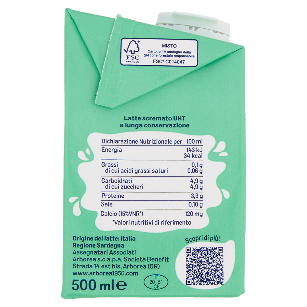 Arborea Latte Scremato UHT a Lunga Conservazione Senza Grassi 500 ml