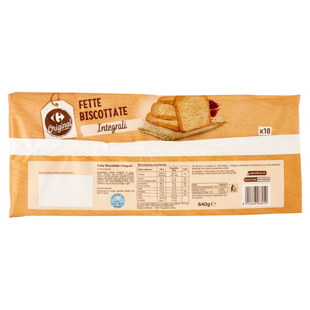 Carrefour Original Fette Biscottate Integrali 18 Monoporzioni 640 g
