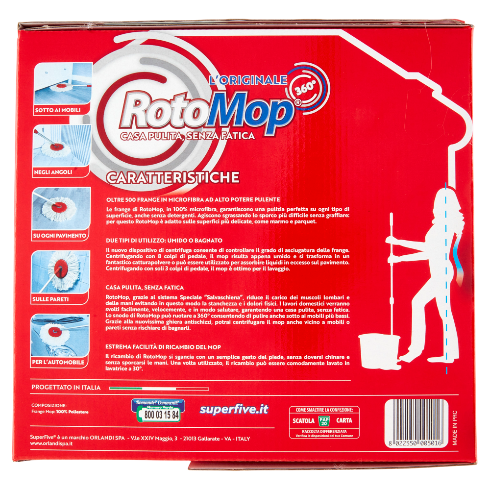 Super5 RotoMop 360° Kit Secchio + Mop con Frange in Microfibra 100%