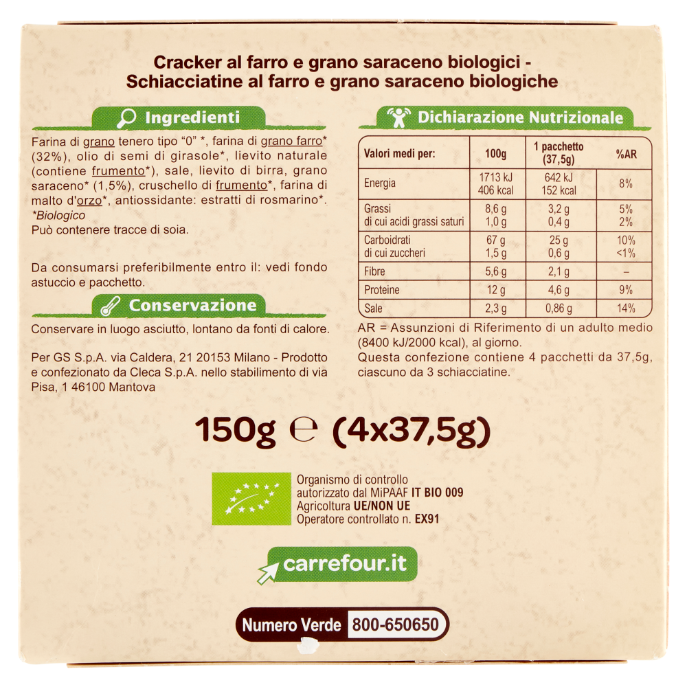 Carrefour Bio Schiacciatine al farro e grano saraceno 4 x 37,5 g