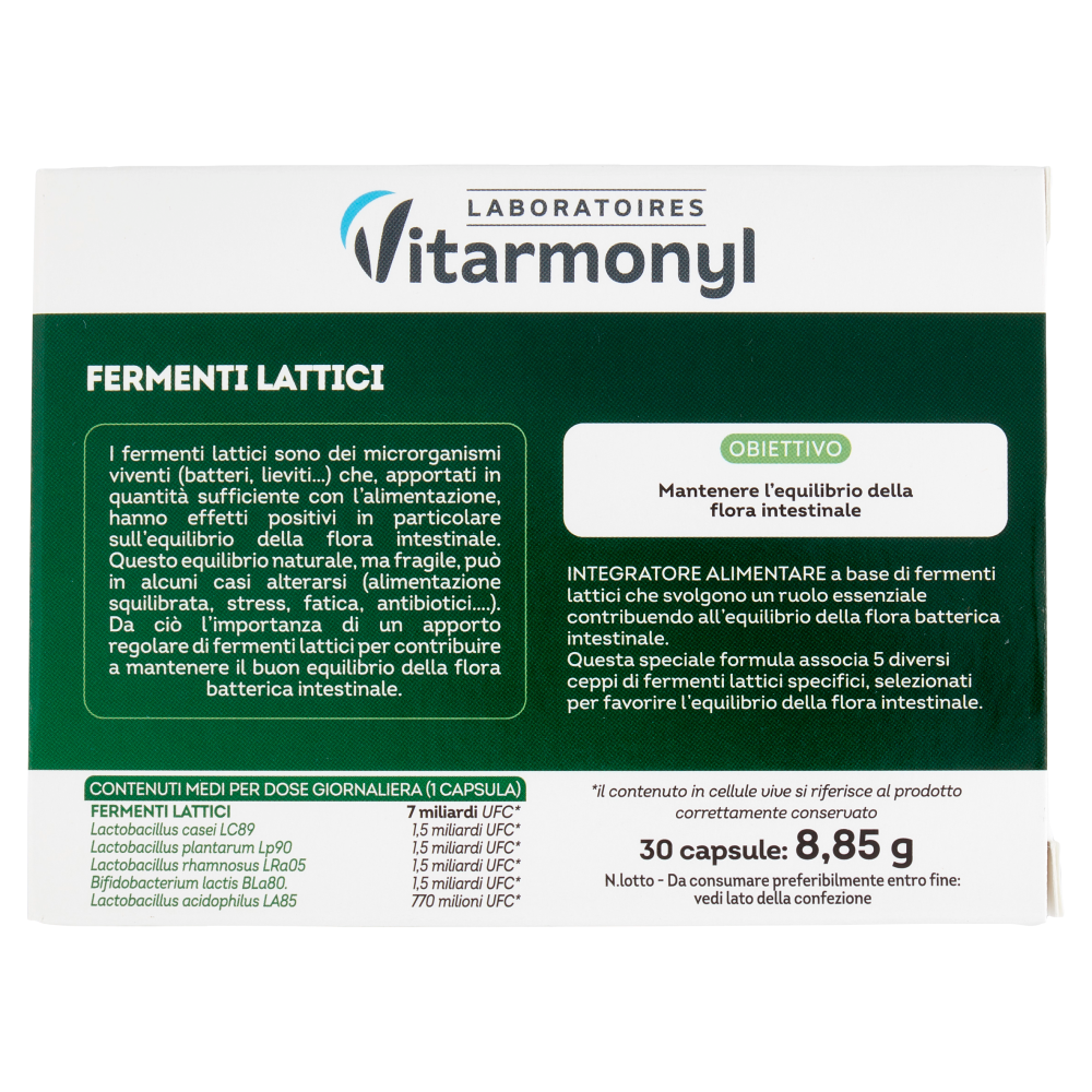 Laboratoires Vitarmonyl Fermenti Lattici Equilibrio flora intestinale 30 Capsule 8,85 g