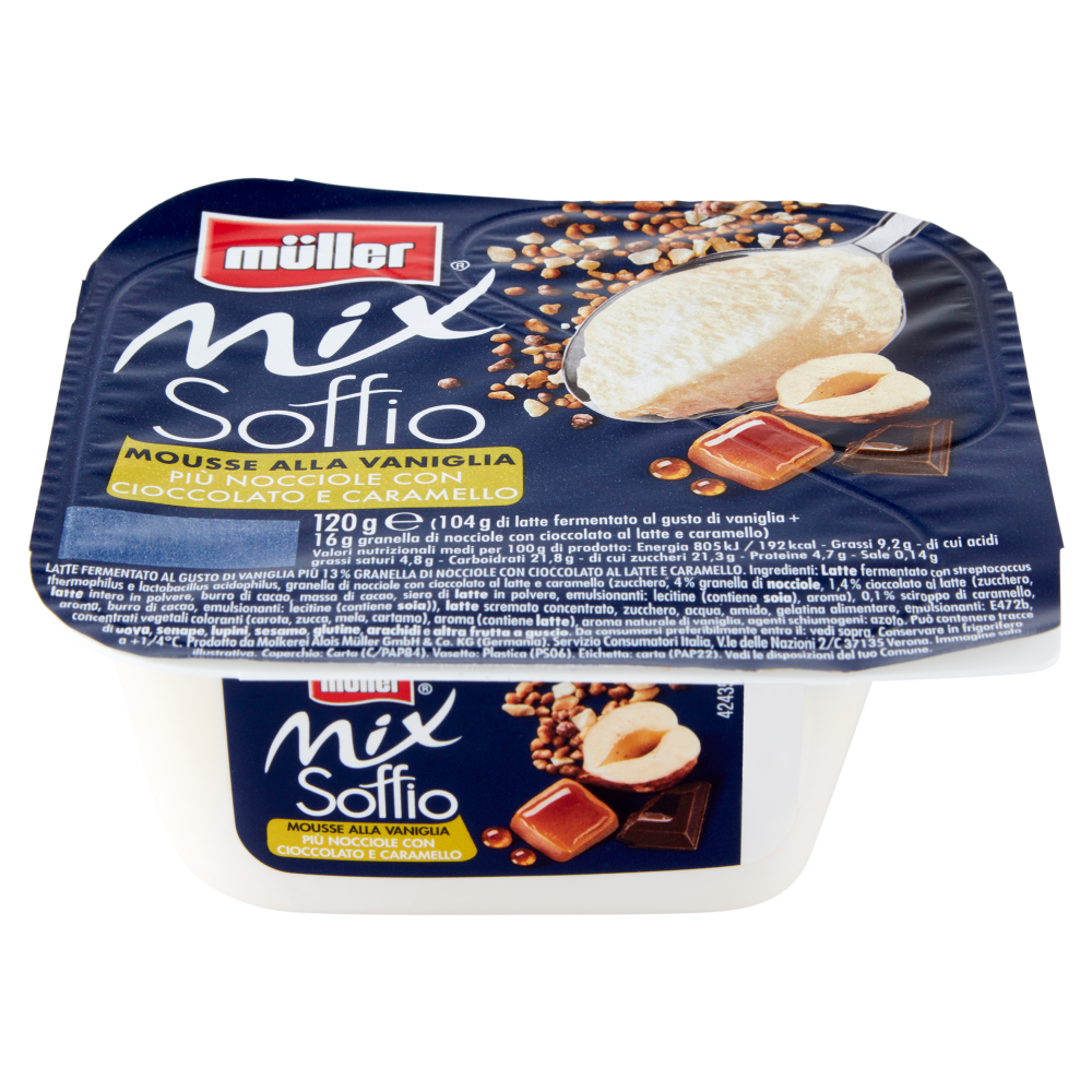 m&uuml;ller Mix Soffio Mousse alla Vaniglia Pi&ugrave; Nocciole con Cioccolato e Caramello 120 g