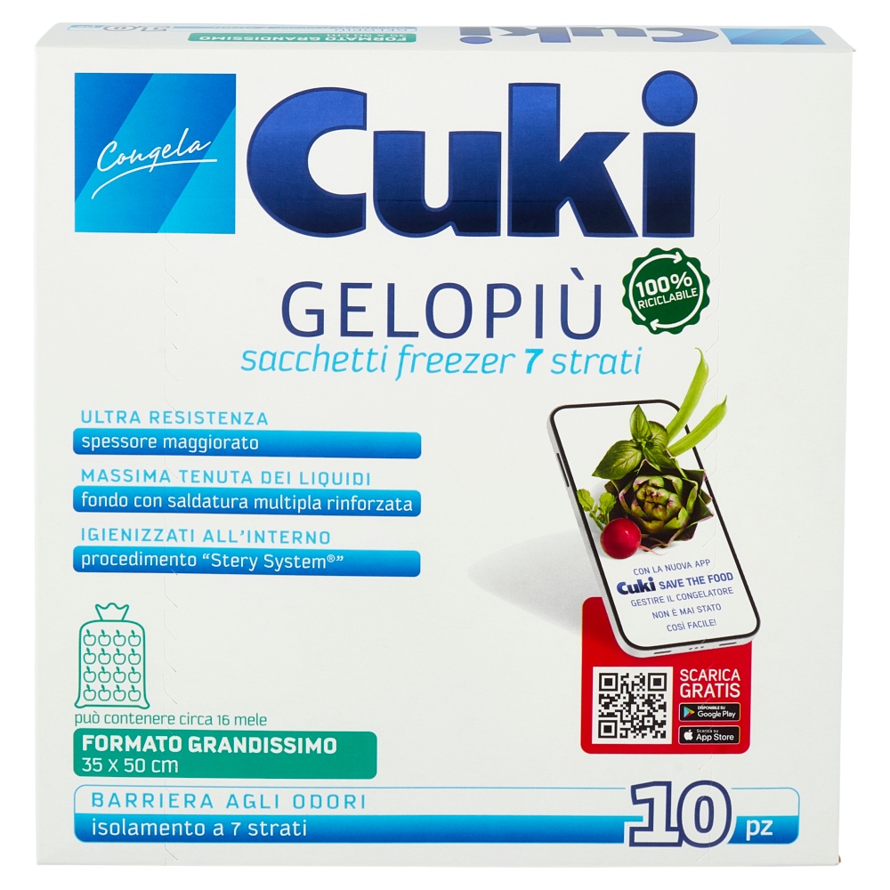 Cuki Congela Gelopiù sacchetti freezer 7 strati Formato Grandissimo 35 x 50 cm 10 pz