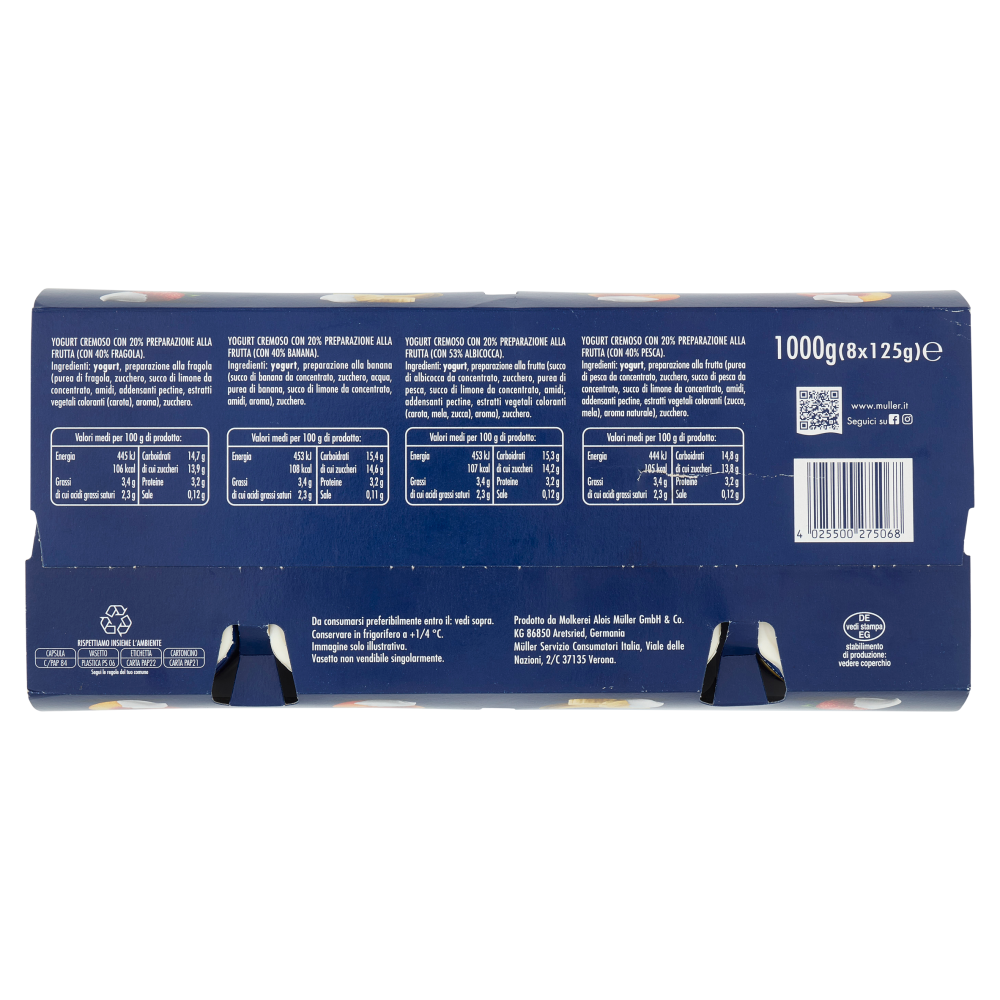 müller Yogurt Cremoso con Frutta Frullata Fragola, Banana, Albicocca, Pesca 8 x 125 g