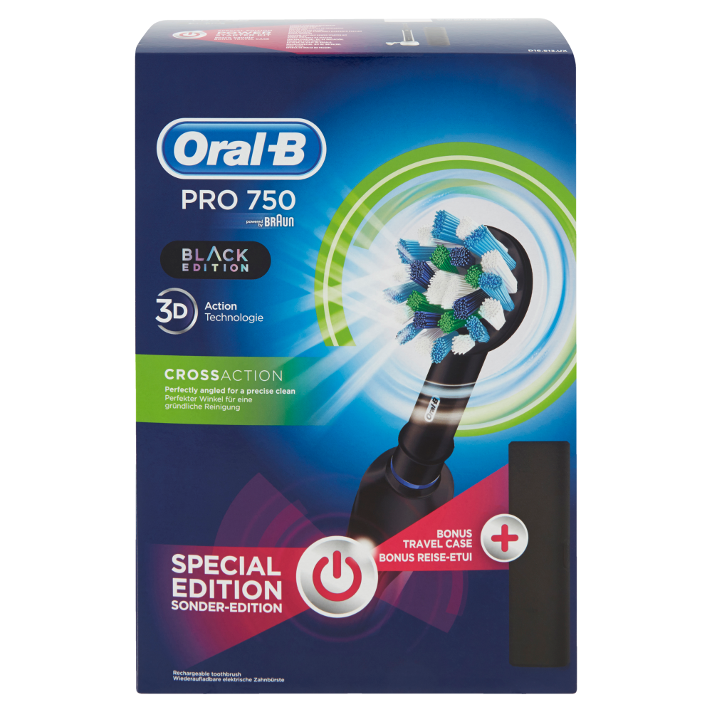 Oral-B Power Spazzolino Elettrico Ricaricabile Pro 750 Black + Custodia viaggio nera-Special Edition