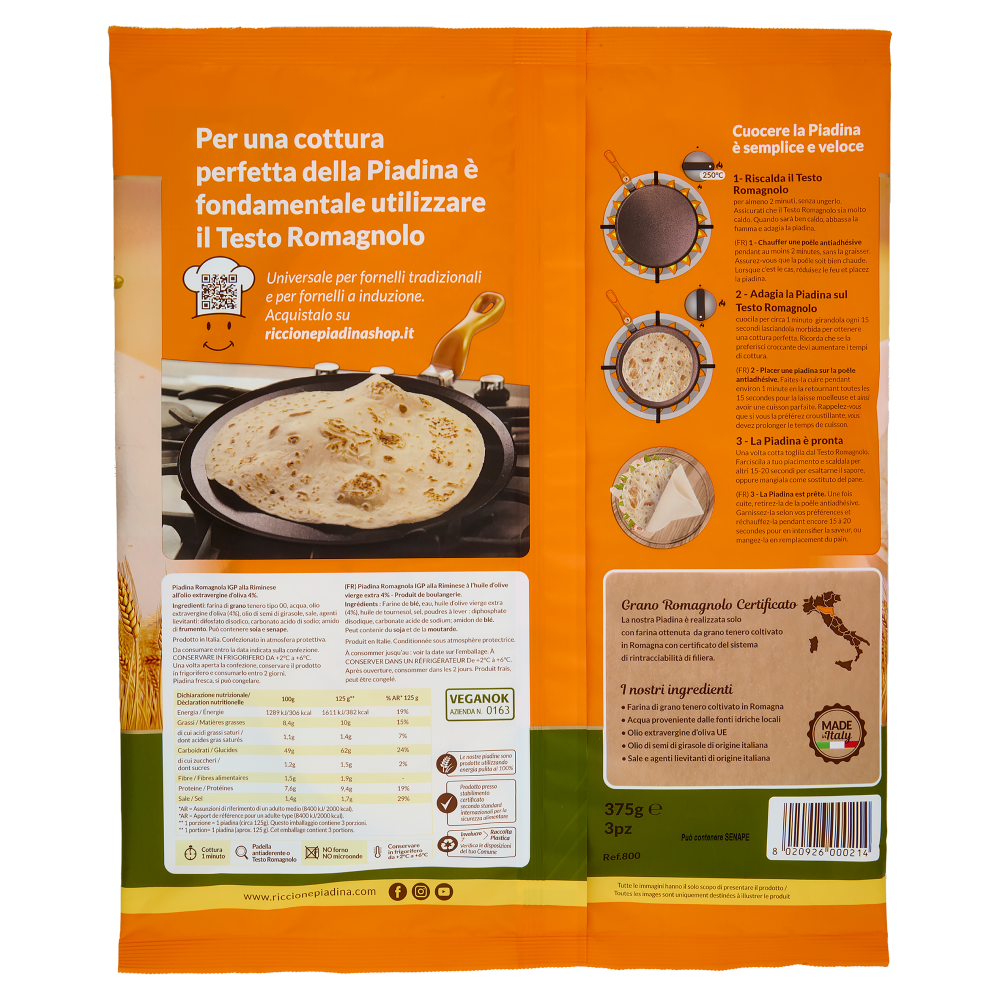 Riccionepiadina Piadina Romagnola IGP alla Riminese all'olio extravergine d'oliva 4% 3 pz 375 g