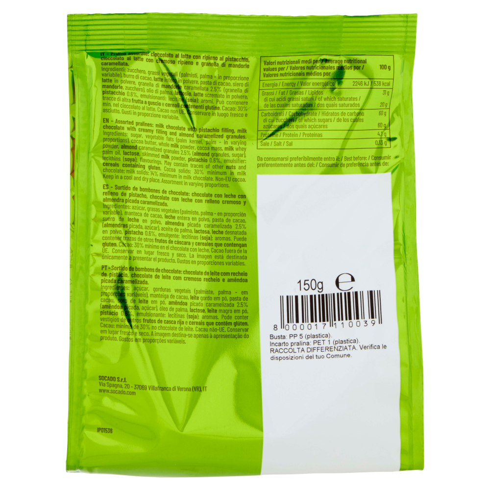Socado Pistacchio & Mandorla Praline Assortite di Cioccolato al Latte 150 g