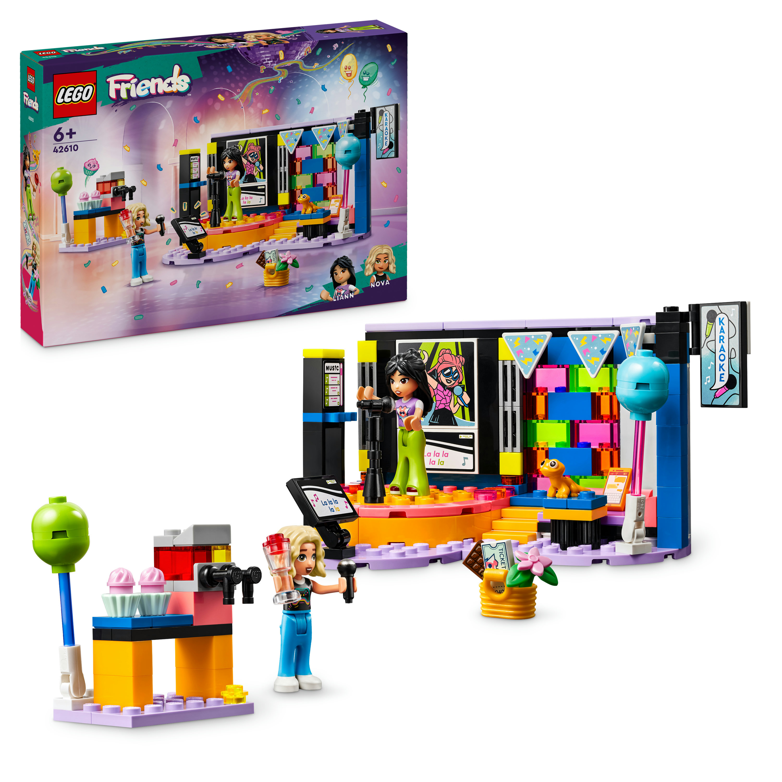 LEGO Friends 42610 Karaoke Party, Giochi Musicali per Bambini di 6+ Anni con Palco Girevole e 2 Mini Bamboline di Liann e Nova