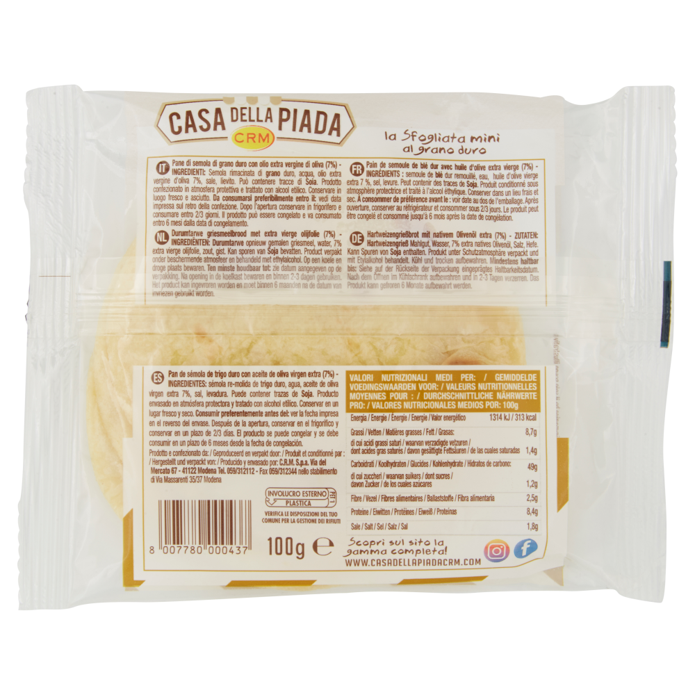 Casa della Piada la Sfogliata Grano Duro 4 Piadine 100 g