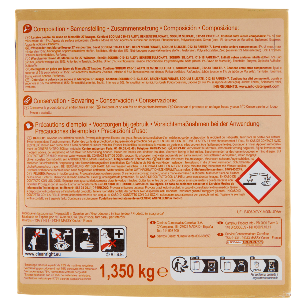 Carrefour Essential Detersivo in polvere Marsiglia e Fiori d'Arancio 1,350 kg