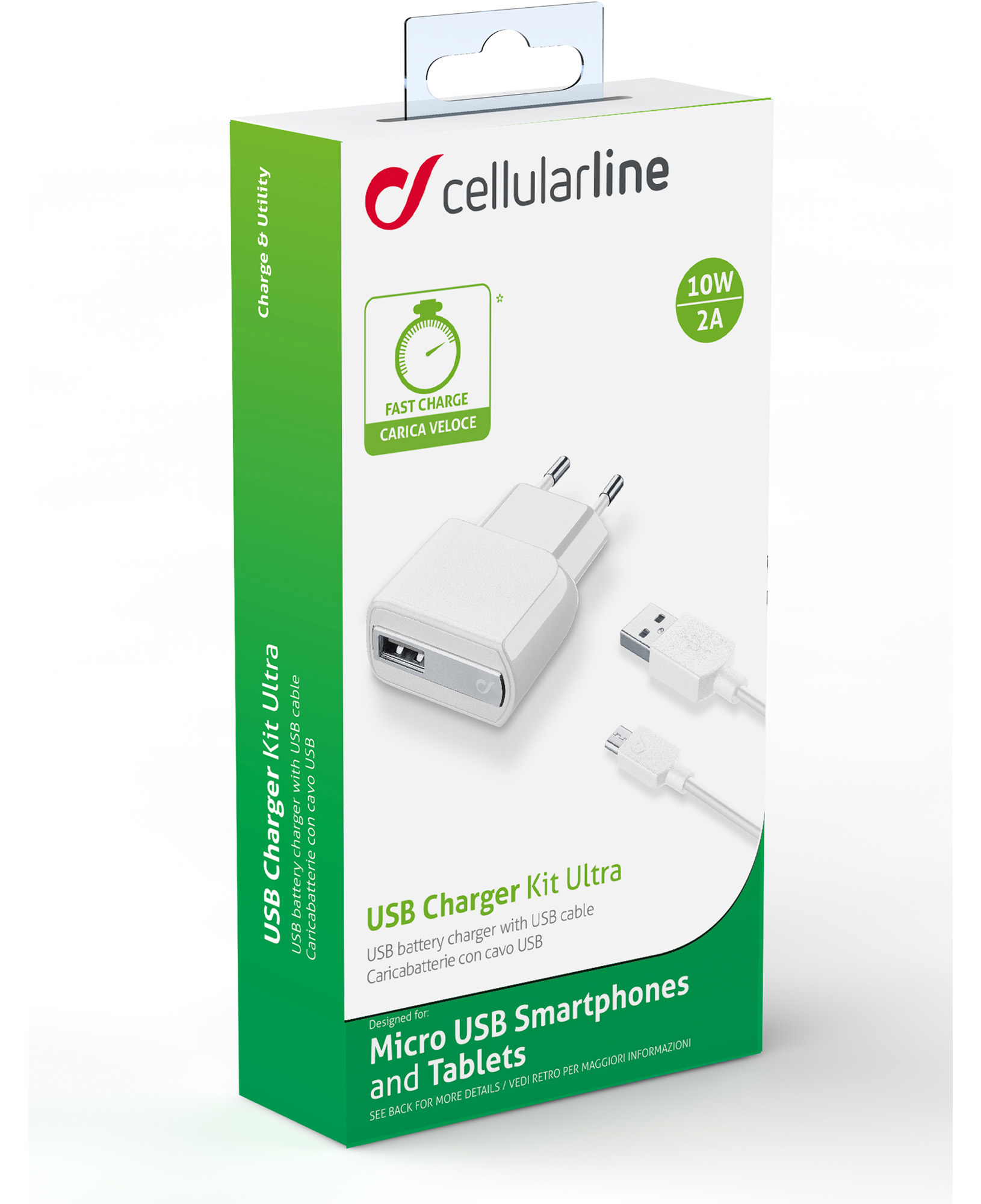 Cellularline USB Charger Kit 2A - Micro USB - Huawei, Xiaomi, Wiko, Asus and other smartphone Caricabatterie da rete veloce 2A con cavo Micro USB