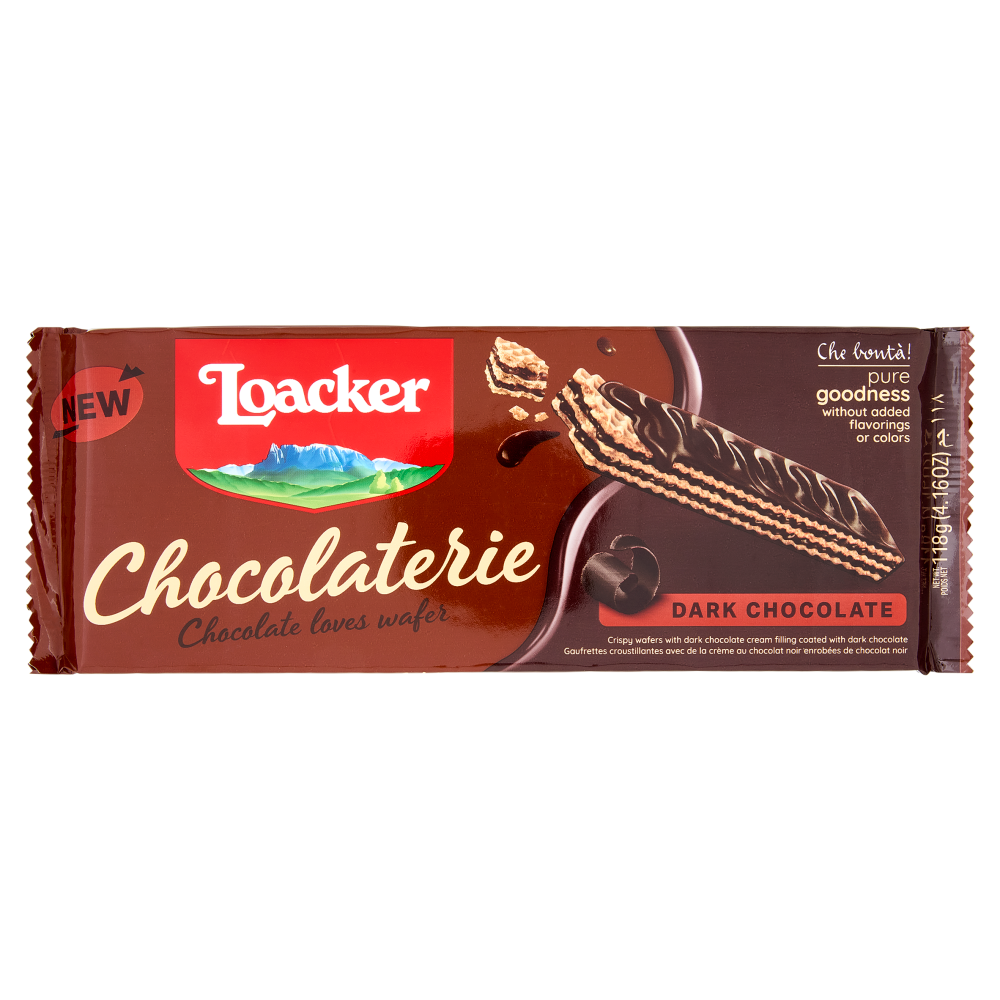 Loacker Chocolaterie Dark Chocolate Wafer ricoperti e con crema di Cioccolato Fondente Wafers 118g