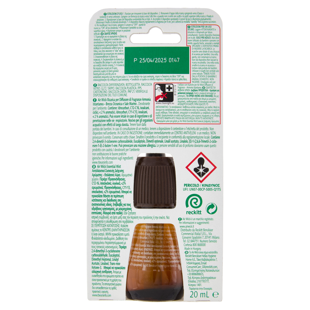 Air Wick Diffusore di Fragranza con oli essenziali Brezza Oceanica e Sale Marino Ricarica 20 mL