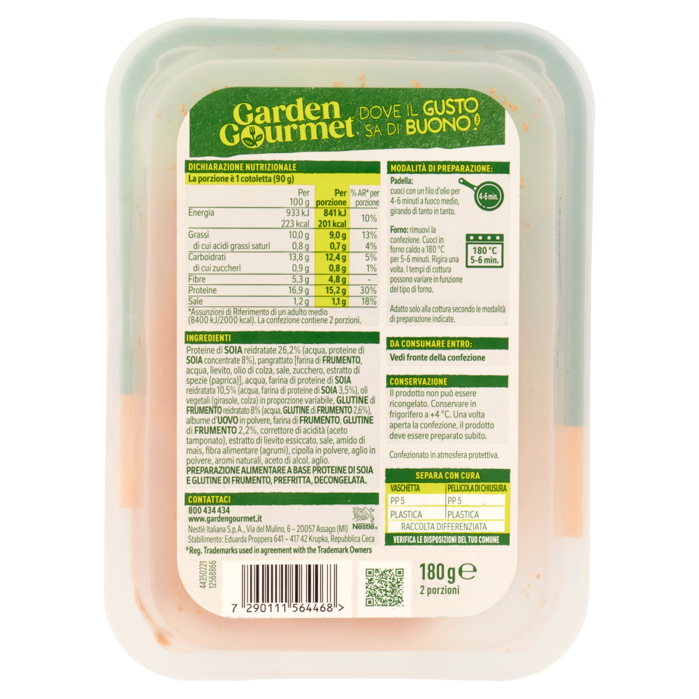GARDEN GOURMET Cotoletta Sottile Vegetariana di Soia e Frumento 2 pezzi 180g