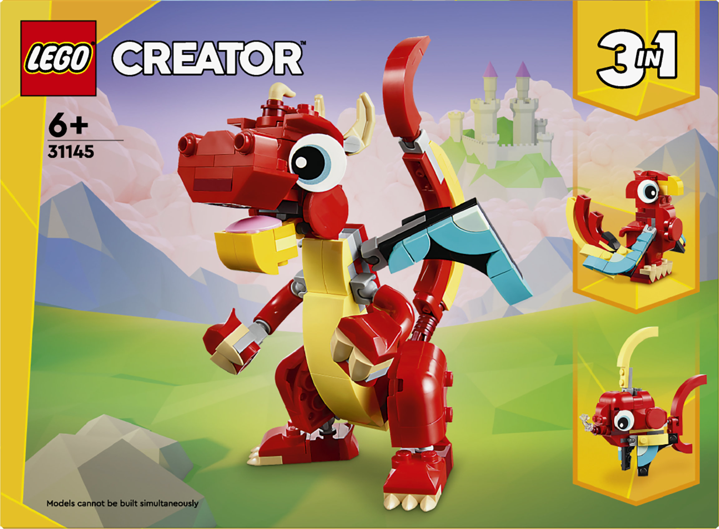LEGO Creator 31145 3in1 Drago Rosso, Giochi per Bambini di 6+ Anni, Action Figure Ricostruibile in Pesce e Fenice Giocattolo