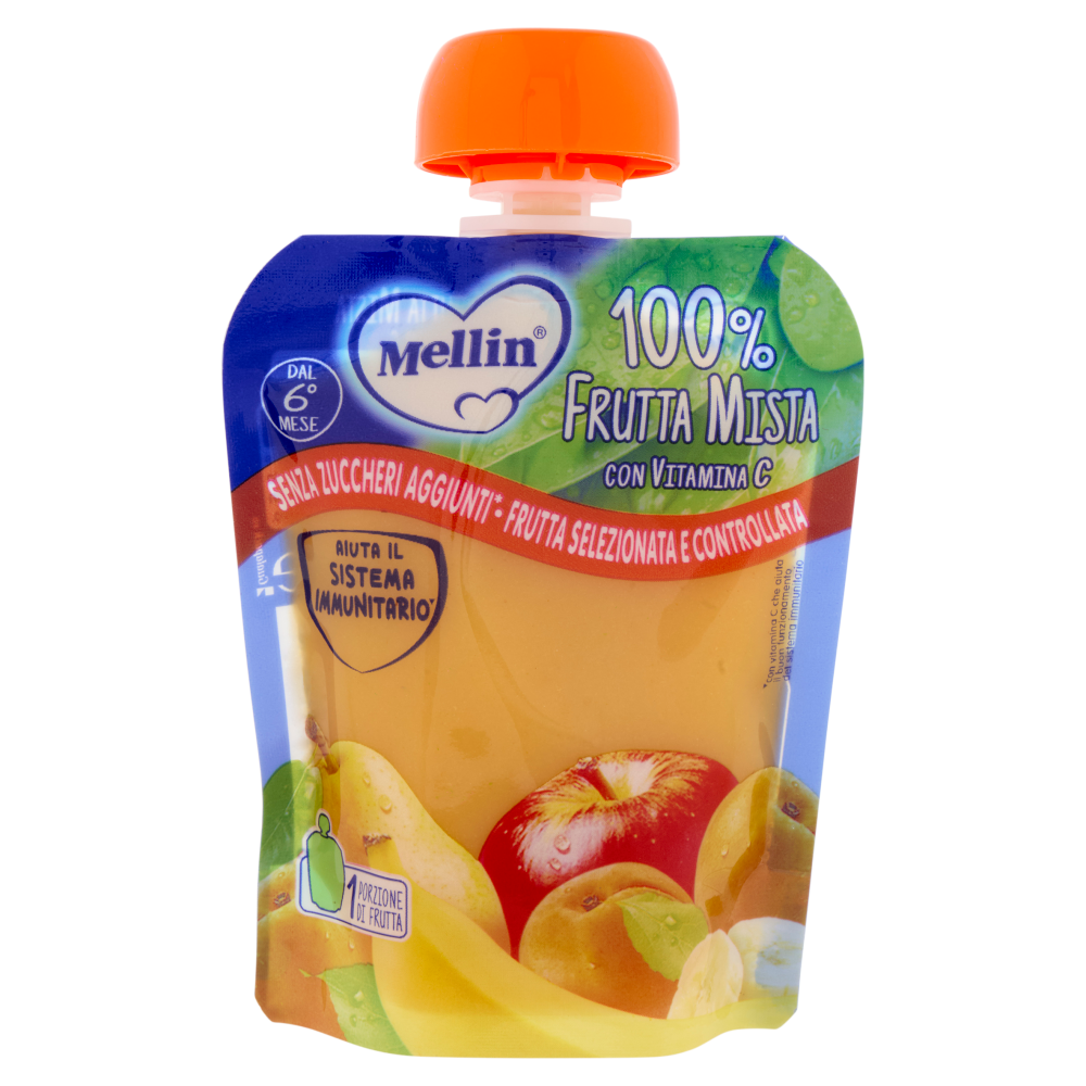 MELLIN Merenda di Frutta 100% Frutta Mista con Mela, Pera, Banana Albicocca, dal 6° mese, Pouch 90 g