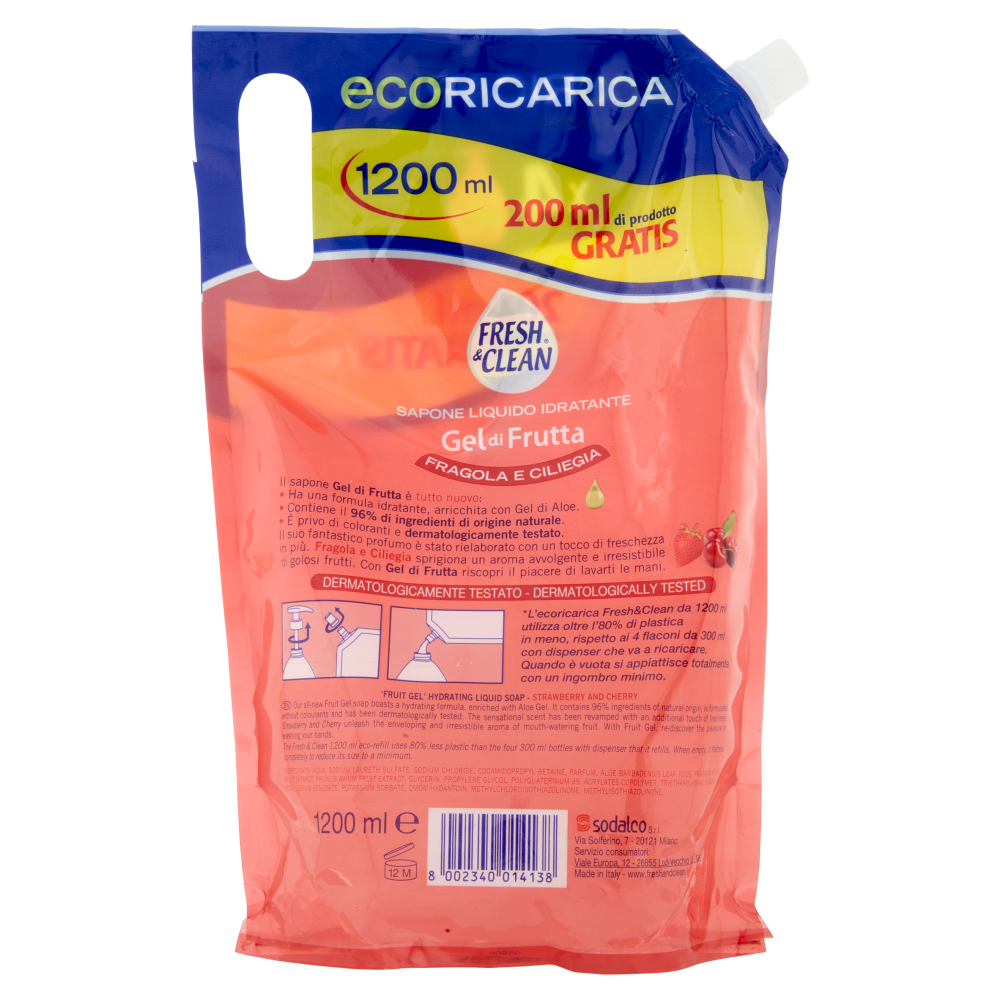 Fresh & Clean Gel di Frutta Sapone Liquido Idratante Fragola e Ciliegia ecoRicarica 1200 ml