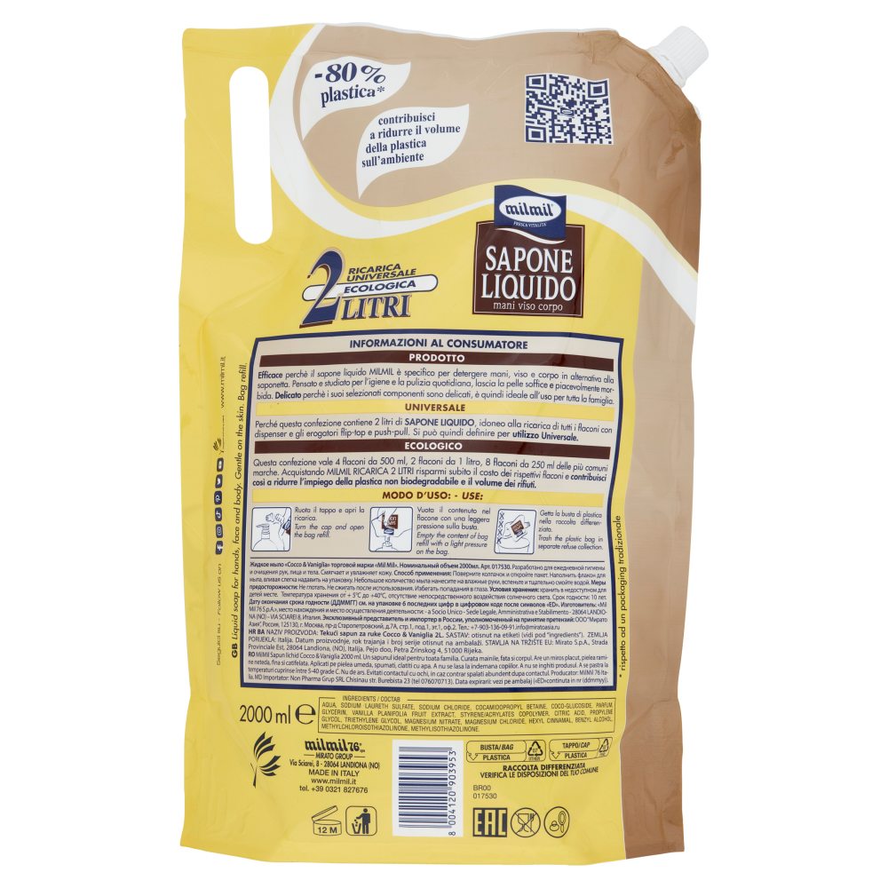 milmil Sapone Liquido Cocco & Vaniglia Ricarica Universale Ecologica 2 Litri