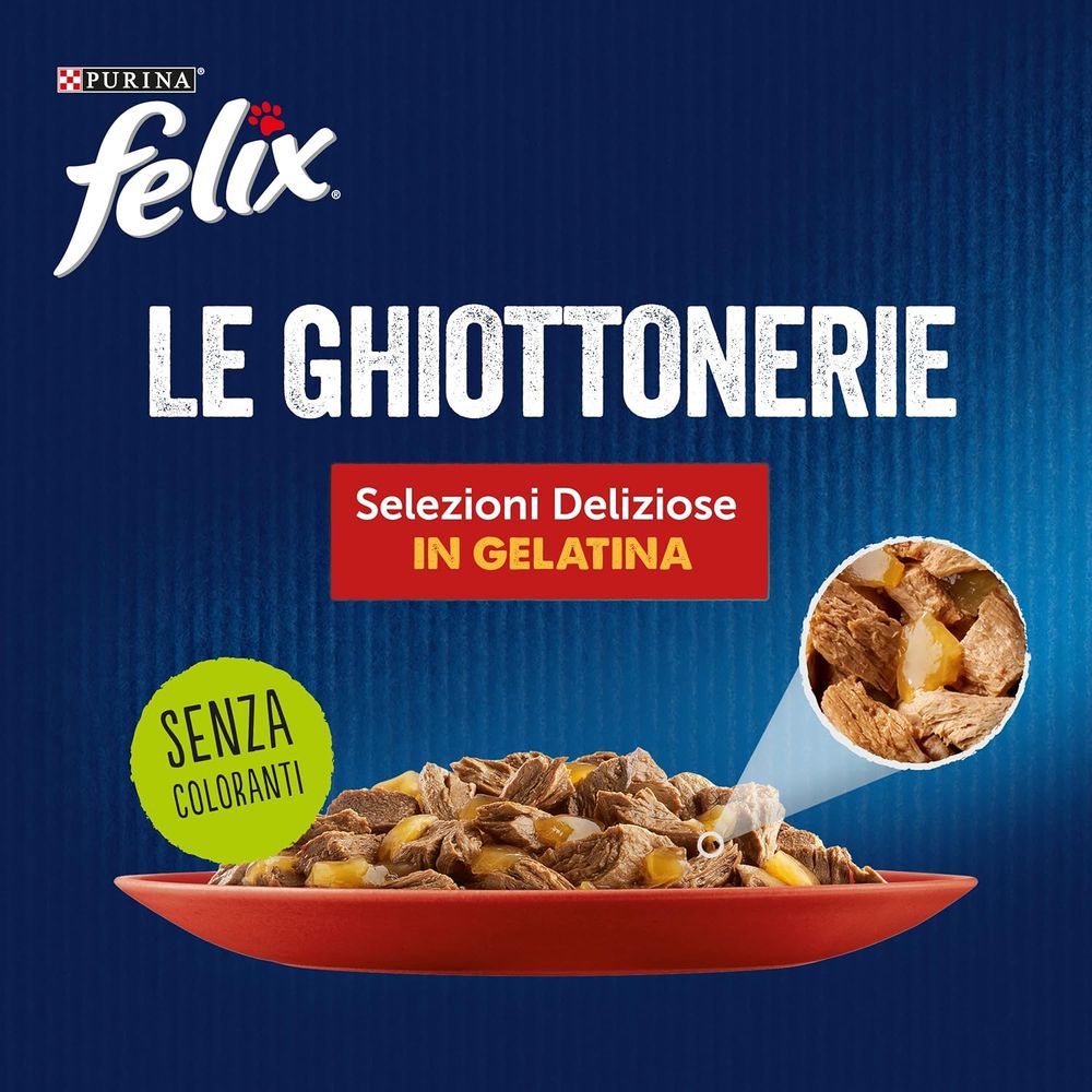Felix le Ghiottonerie Selezioni Deliziose Cibo umido per gatti adulti con Manzo, Pollo, Agnello e Coniglio, 24 bustine da 85g