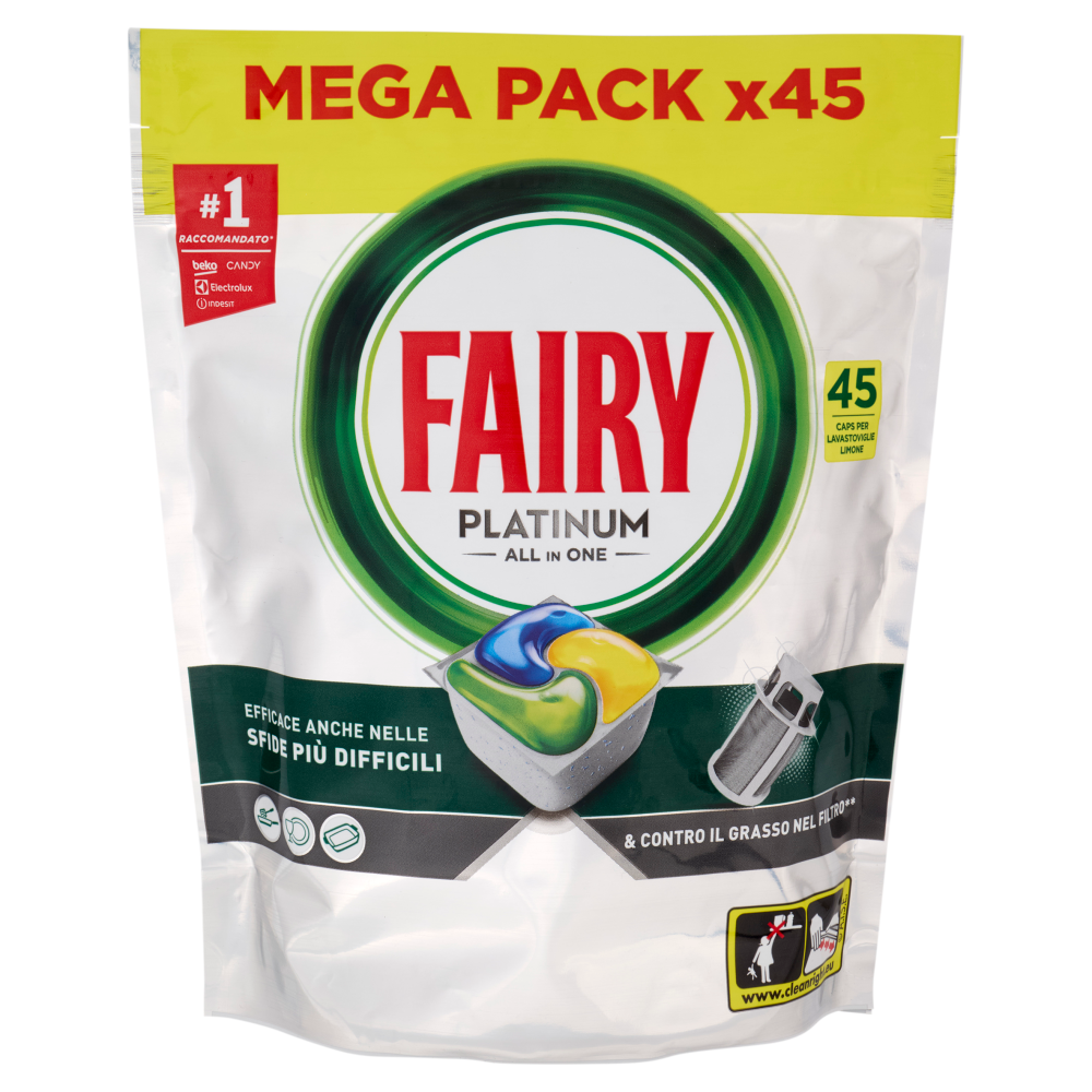 Fairy Pastiglie Lavastoviglie Platinum All in One, Detersivo Piatti Limone, 45 Capsule 671 g