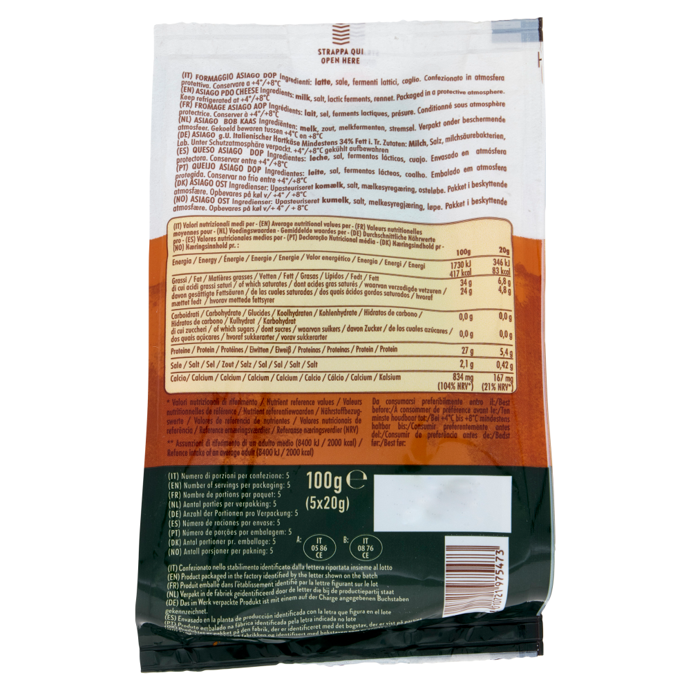 Granterre Snack di Asiago DOP Stagionato Oltre 3 Mesi 5 x 20 g