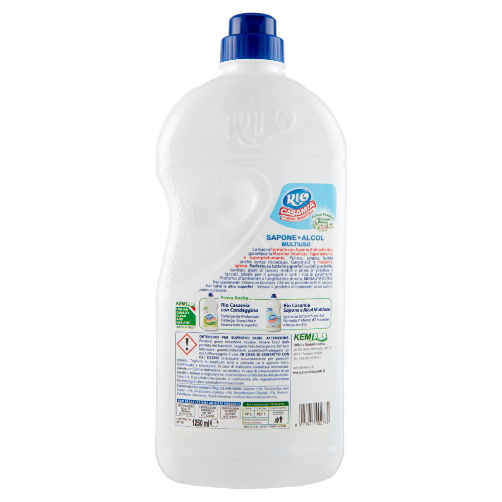 Rio Casamia con Agente Antibatterico Sapone e Alcol Multiuso Profumo Muschio Bianco 1250 ml