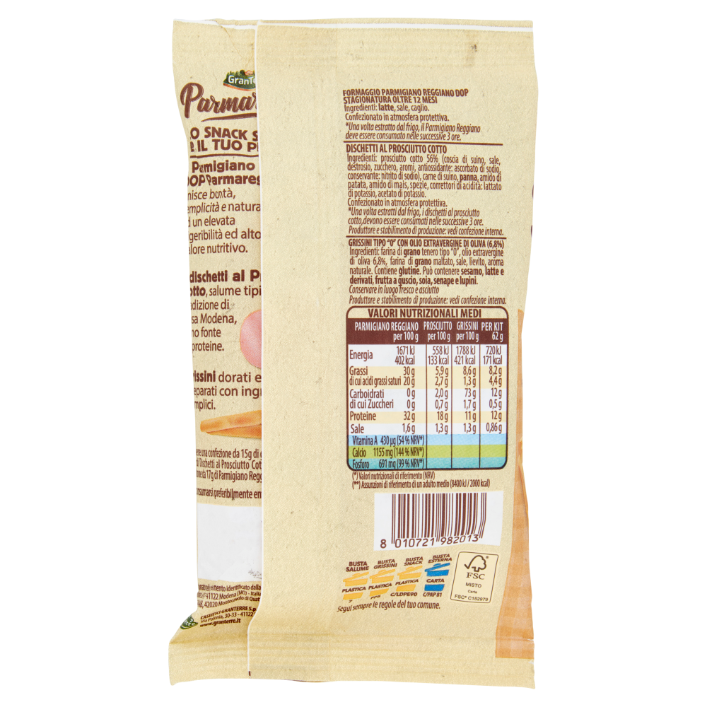 Parmareggio Snack & Vai! Pranzetto Parmigiano Reggiano DOP, Dischetti Prosciutto Cotto, Grissini 62g