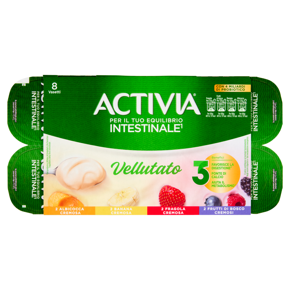 ACTIVIA Yogurt con Probiotico Bifidus, vellutato Albicocca/Banana/Fragola/Frutti di Bosco, 8x125g