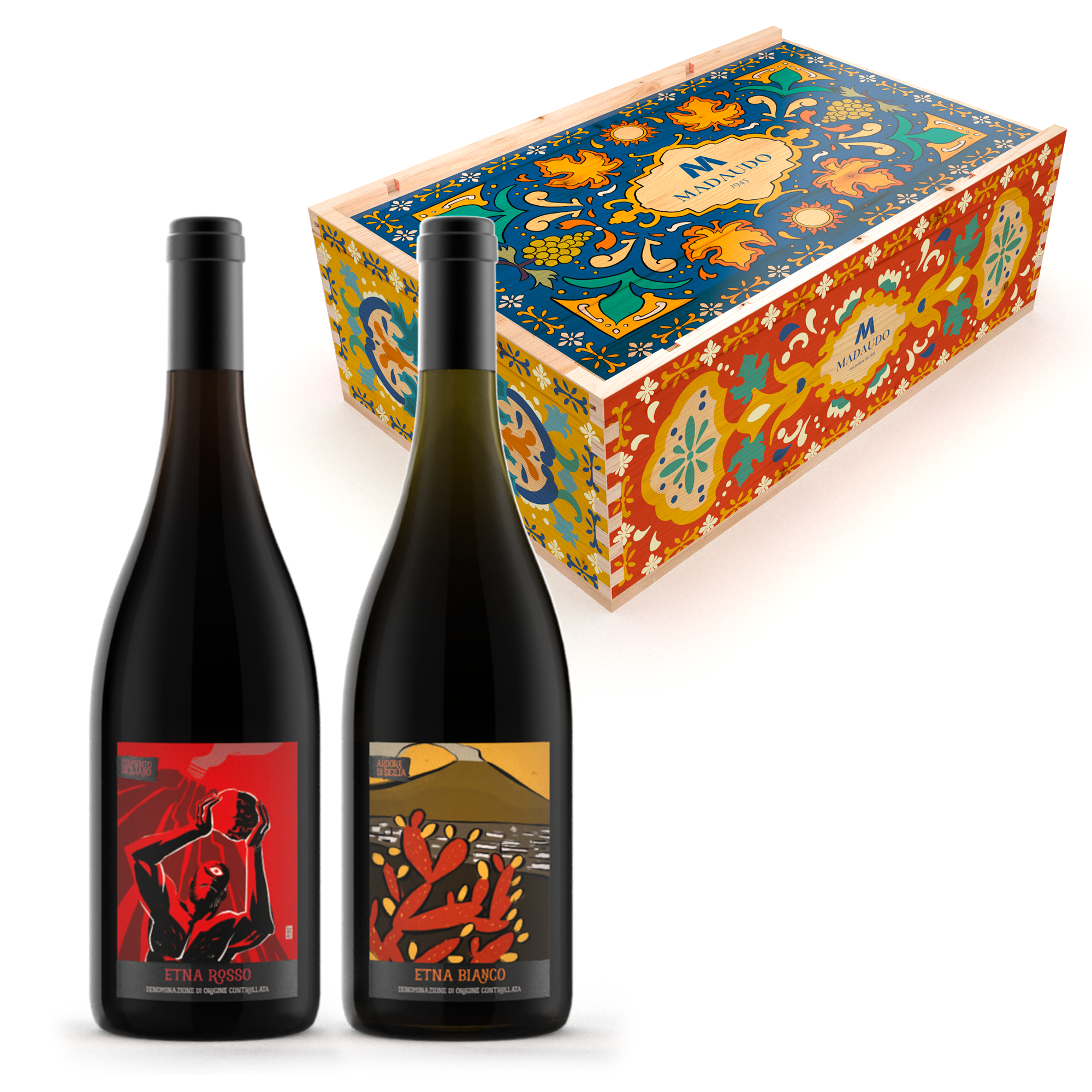 Confezione in legno 2 bottiglie: Etna Rosso DOC e Etna Bianco DOC