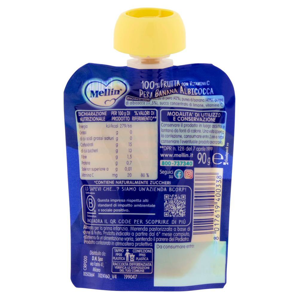 MELLIN Merenda di Frutta 100% con Vitamina C, Albicocca, a partire dal 6° mese, Pouch 90 g
